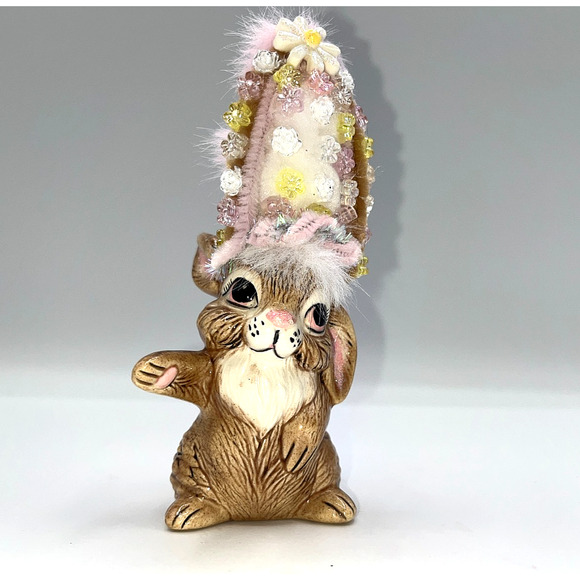 Unbranded Other - Vintage Ceramic Dancing Easter Bunny With Poof Faux Fur Flower Hat Deb O. OOAK